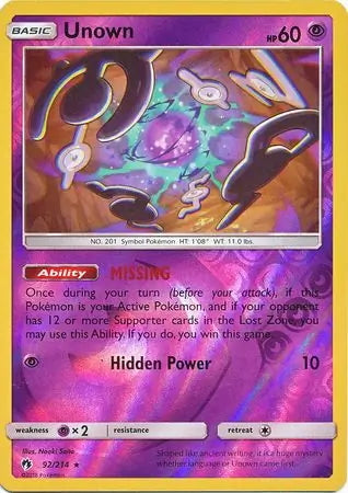 Lost Thunder Unown #92/214 reverse holo