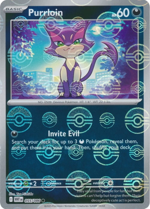 White Flare Purrloin #55/86 Pokeball Holo